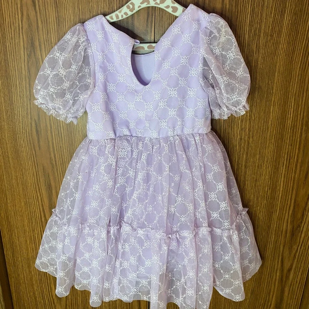 Lilt Snowflake Mesh Dress Toddler 2T Purple Glitter Puff Sleeve Party